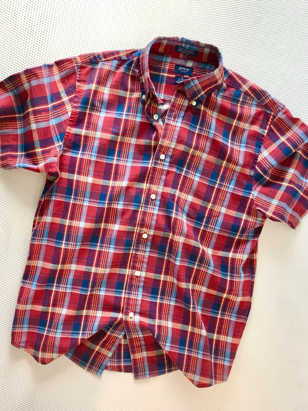 Red Plaid Short Sleeve Button Up Overshirt Medium Arrow casual streetwearney